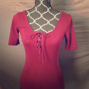 Deep U-Neck Lace-Up Burgundy Top.